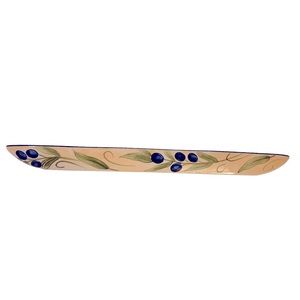 Elongated oval Olive Dish: hand painted 16” long (navy & green print on beige)